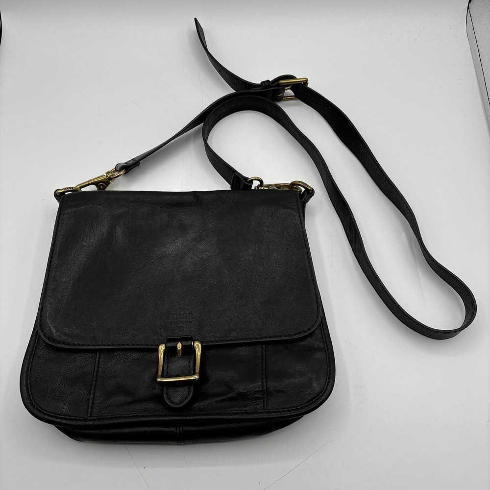 Vintage Fossil Becca Crossbody Bag Flap Black Leather Purse Leather